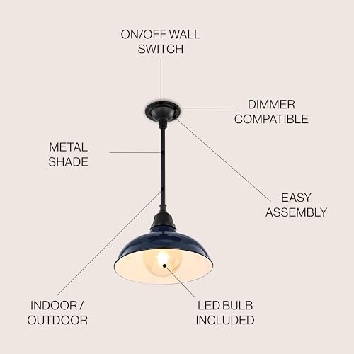 Image of JONATHAN Y Jasper 1-Light Farmhouse 12.25 inch Metal Pendant, Navy /Black | Indoor Outdoor Use, Rustic Vintage Dome Shade, Adjustable Height, Kitchen Island Porch Entryway, LED Bulb Included