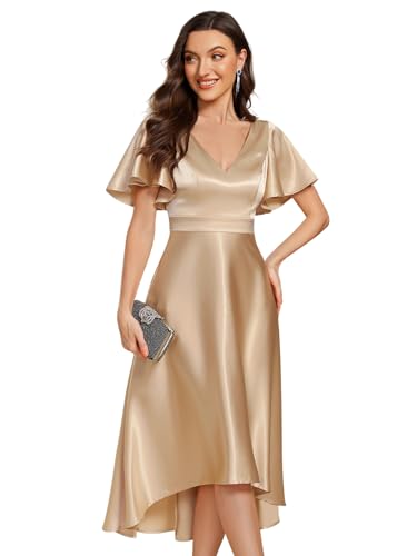Ever-Pretty Women's Satin Short Ruffles Sleeves A Line Empire Waist Wedding Guest Dress with Pockets 02335