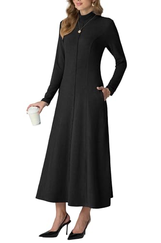 GRECERELLE Womens Winter Dresses for Women UK Turtleneck Long Sleeve Fall Winter Elegant Casual Daily Work Date Lounge Stretchy Long Dress for Ladies with Pockets (Black, L)