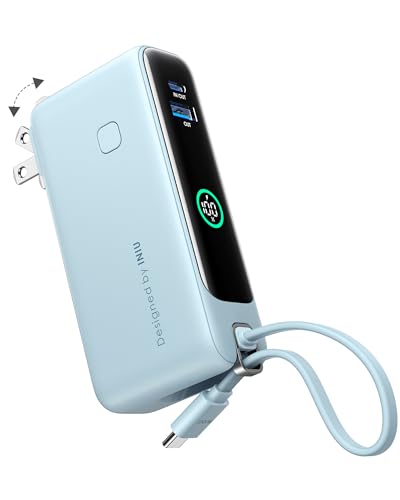 INIU 3-in-1 Portable Charger, Small 10000mah 30W Fast Charging Power Bank with Built-in USB C Cable and Foldable AC Plug, Flight Cruise Ship Travel Phone Charger for College Students Boys Girls, Blue