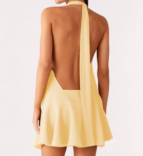 Image of Women's 2025 Summer Halter Dress Sleeveless Open Back Ruffle Tiered Layered Chiffon Pleated A Line Swing Mini Dress