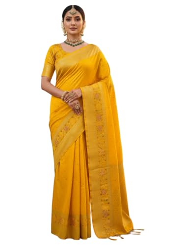 Image of Kanjivaram Silk Saree for Women - Handloom Floral Weaving, Contrast Border, Heavy Gold Zari Rich Pallu, Traditional Designer Wedding & Festive Saree with Blouse Piece