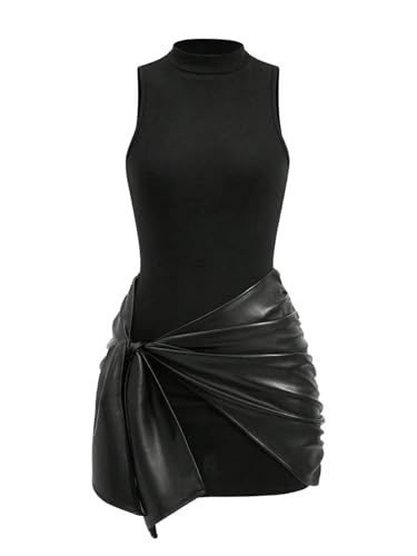 MakeMeChic Women's Tank Dress Sleeveless Party Cami Mini Dresses with Leather Ruched Wrap Skirt