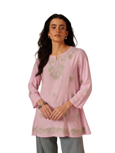 Image of QAZMI Women's Zayesha Aari Embroidered Viscose Rayon A-Line Flared Short Kurti