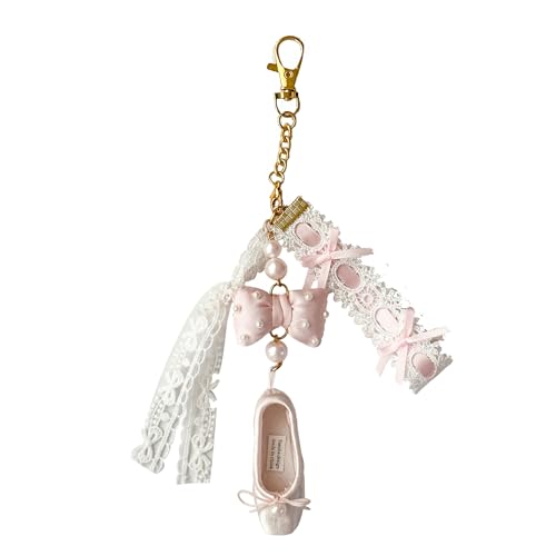 WYSJYBHJ Fashion Ballet Shoes Keychain, Pointe Keychain, Lace Strap Bag Charm (Pink)