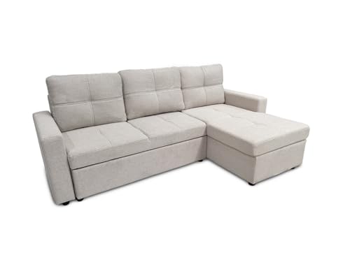 IBERA HOME Sofá Cama Chaise Longue BOGA 3 Plazas Beige 215 x 135 cm - Cheslong Reversible con Arcón y Almacenamiento - Sistema de Arrastre - Tapizado Terciopelo Cálido - Armazón Pino Macizo - Salón