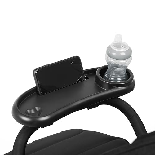 Ickle Bubba Universal Stroller Snack Tray (Black) Easy Access to Snacks and Drinks with Built In Cup Holder and Phone Holder – Clips Onto Any Pram or Stroller for On the Go Convenience