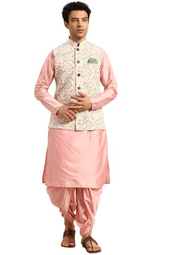 KISAH Men's Kurta Jacket Dhoti Set, Multicolored Cotton Blend, Printed Regular Fit Mandarin Collar Long Sleeves (S) Deal