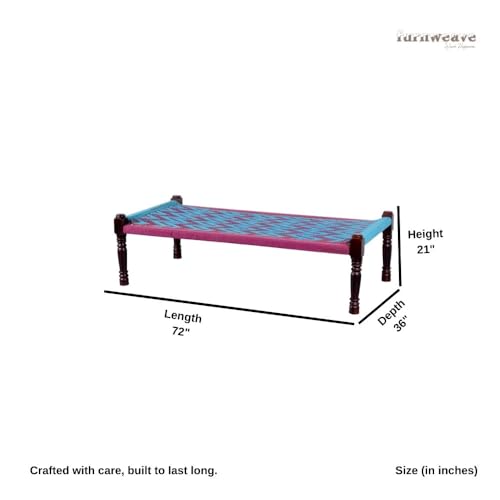 Image of Solid Sheesham Wood Charpai Khat | Handcrafted Daybed Khatiya Charpai with Cotton Rope | Traditional Khat Bed Wooden Diwan Cot for Living Room | 6X3 Feet | Pink and Light Blue