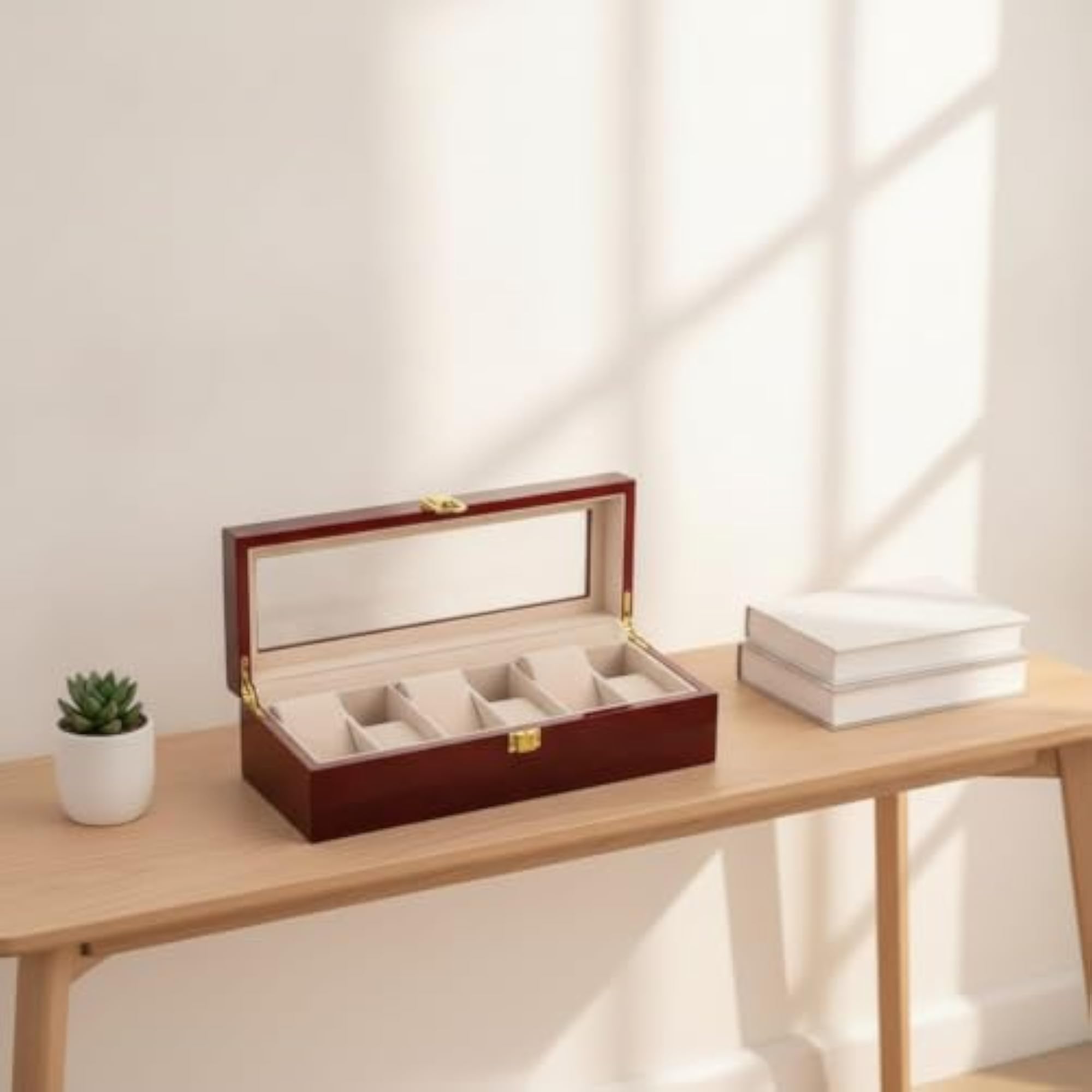 Lacquered Watch Storage Box with Glass Lid, Luxury Organizer