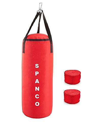 Image of Spanco Red Color, Unfilled (Empty), 2.5 Feet Long, Synthetic Leather Material Punching Bag /Boxing Bag /Kickboxing Bag /Takewondo Bag /Fitness Bag /Professional Training Bag with Hanging Straps