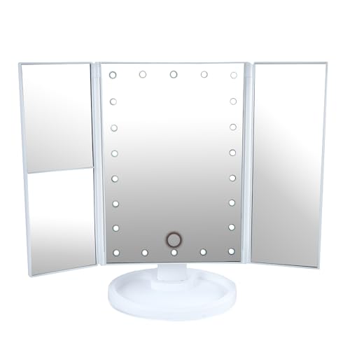 NSA Tri Folding Makeup Vanity Mirror with Lights - 22 LED Table Mirror with 2X/3X Magnification, 180° Rotation, and Dual Power Supply - Travel Makeup Mirror with Adjustable Dimming Touch Sensor
