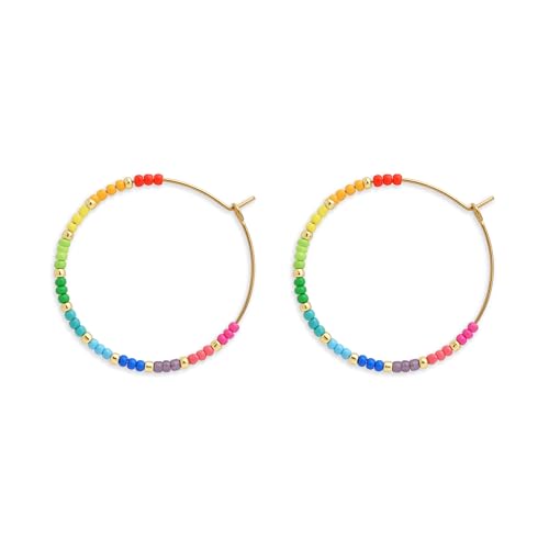 BXDA Gold Red Yellow Green Blue Pink Beaded Hoop Earrings for Women, Boho Handmade Rainbow Small Beads Circle Hoops Earings Hypoallergenic Holiday Prom Jewelry Gift