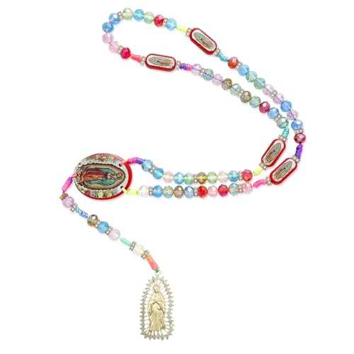 BONITTER Mexican Virgin Mary necklace, Guadalupe Crucifix Wall Cross Rosary Beaded Necklace Saint Jude Protective Blessing Pendant,Catholic Saint Benedict Medal Handmade jewelry Gift for Men Women (Wooden Virgin Mary)