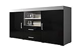 Credenza Mambo, 164 cm, 2 ante e 2 cassetti, corpo bianco opaco, ante e frontali dei cassetti nero lucido