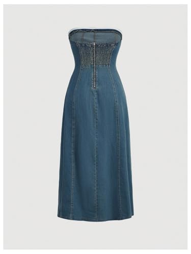 MakeMeChic Women's High Split Tube Denim Dress Sleeveless Ruffle Trim Midi A Line Dress2