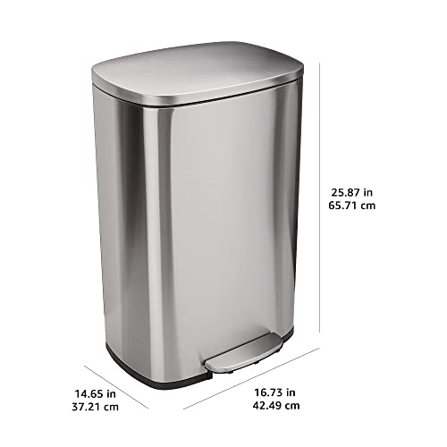 Amazon Basics LARGE Trash Can, 13.2 Gallon (50L), Smudge Resistant Rectangular Bin with Soft-Close Lid, Step Foot Pedal, Removable Inner Bucket, Brushed Stainless Steel, Satin Nickel Finish view 3