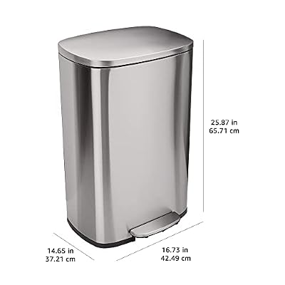 Amazon Basics LARGE Trash Can, 13.2 Gallon (50L), Smudge Resistant Rectangular Bin with Soft-Close Lid, Step Foot Pedal, Removable Inner Bucket, Brushed Stainless Steel, Satin Nickel Finish