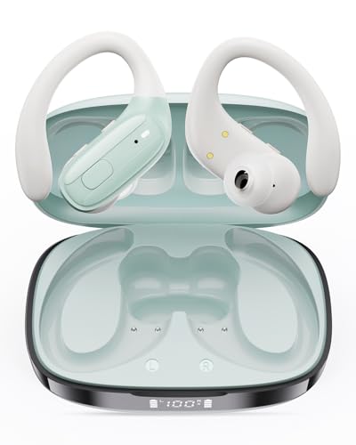 Image of LEEMC Wireless Earbuds, Sports Bluetooth Headphones, Ear Buds with ENC Noise Canceling Mic, 50Hr Playtime Earphones, Palm-Sized, LED Power Display, IPX7 Waterproof Headset for Workout Running, Green