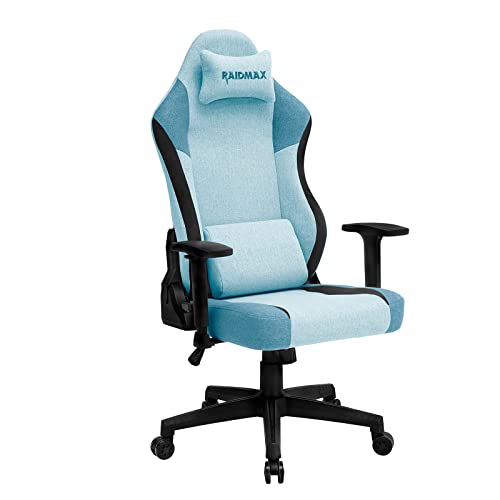 Raidmax DK802 Series Computer-Gaming-Chairs, Soft Breathable Fabric All Day Gaming Chair, Heavy Duty Gas Lift and Metal Base, Magnetic Head Pillow, Lumbar Support Pillow (Blue)