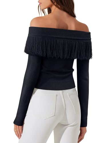 Western Cowgirl Off Shoulder Fringe Country Concert Sweater Cold Shoulder Tassel Long Sleeve Ribbed Hem Pullover Tops3