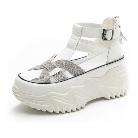 MVIOBUY Women Rhinestone Thick-Soled Fashion Sneakers,Hollow Back Zipper Heightening Shoes Comfortable Adjustable Buckle Breathable Casual Platform Sneakers Sandals (White,7) Cover