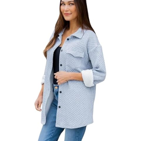 Tickled Teal Women Quilted Shacket Casual Lightweight Long Sleeve Jacket Button Down with Pockets (US, Alpha, Medium, Regular, Regular, Gray) Cover