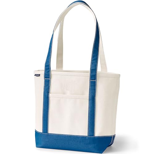 Image of Lands' End Natural Long Handle Open Top Canvas Tote Natural /beacon Blue Medium Long Handle