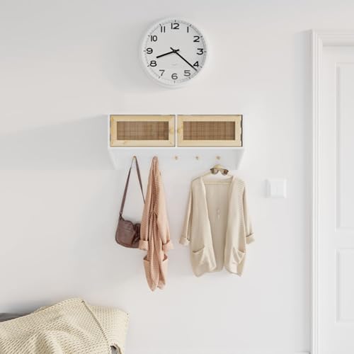 Rantry Perchero de Pared Madera contrachapada Blanco y ratán Natural Estantes y estanterías