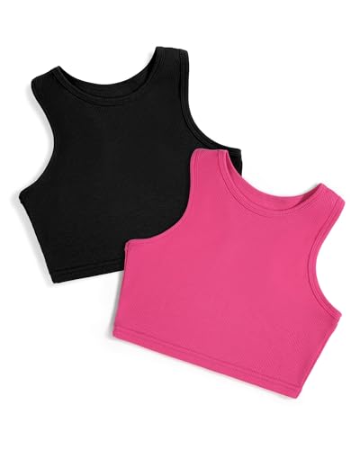 2 Pack Girls Tank Tops Cute Crop Tops for Teen Kids Ribbed Knit Athletic Dance Basic Top Black/Rose 7-8 Years