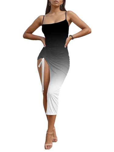 Image of Nimsruc Womens Sexy Summer Dresses Spaghetti Strap Thigh-high Slit Ruched Bodycon Maxi Club Cocktail Party Dress