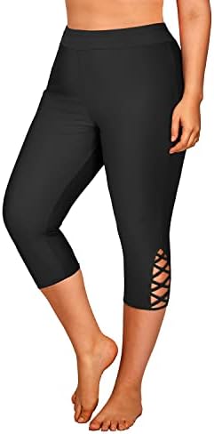 Holipick Women Black Plus Size Swim Capris Long Swim Shorts Criss Cross Swim Pants Tummy Control Swimming Leggings 16W