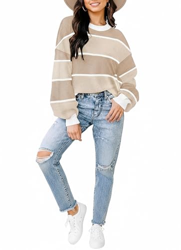 Image of Womens Sweaters Fall 2026 Fashion Long Sleeve Color Block Oversized Sweater Trendy Casual Crew Neck Knitted Tops Pullover,Color Apricot,Medium