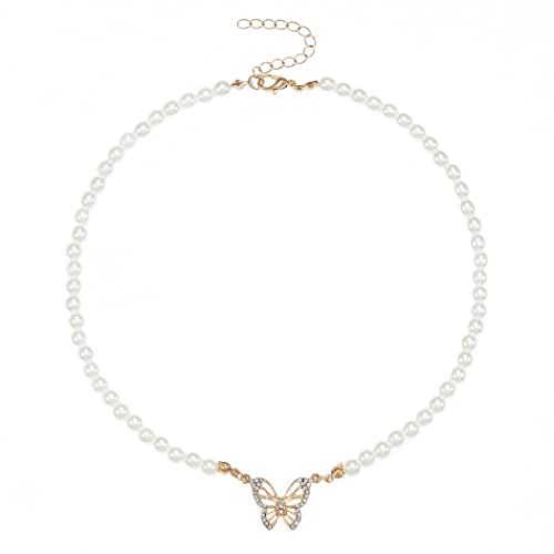 Ushiny Vintage Collier de Perles Or Papillon Strass Colliers Festival Anniversaire Fête Nekclace Bijoux pour Femmes et Filles