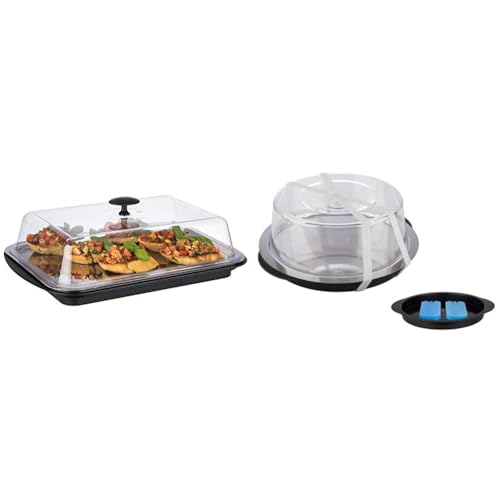 APS Thermo-Set 6-teilig – Hochwertiges Tablett-Set & 9094 Thermo Tablett Set, Set bestehend aus 1 stabilen Schale, 1 Edelstahl Tablett, 2 Kühlakkus, 1 Frischhaltehaube, Ø 35 cm, Höhe 15 cm, schwarz