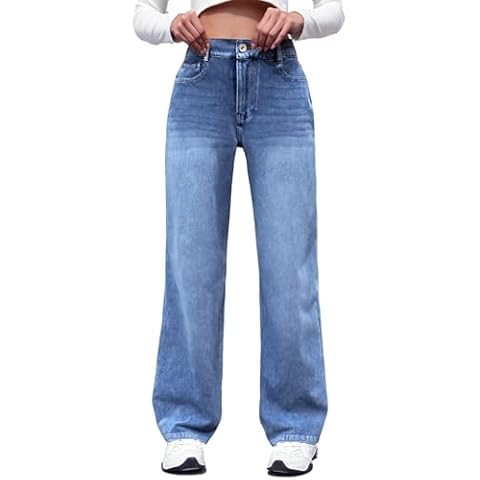 ELLEVEN High Waisted Straight Leg Sweatpant Jeans Woman High Stretchy Pull on Wide Leg Baggy Jeans High Waisted with Elastic Waist Blue Denim Large Cover