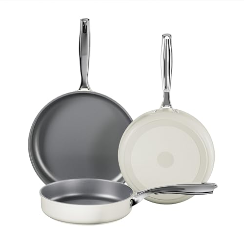 Koch Kode Pfanne Pfannenset, Keramikpfanne 20 24 28cm, Mit Edelstahlgriffen, Bratpfanne Set Induktion, Beschichtetes Pan, ohne PTFE und PFOA, Spülmaschinenfest, Backofenfest, Beige