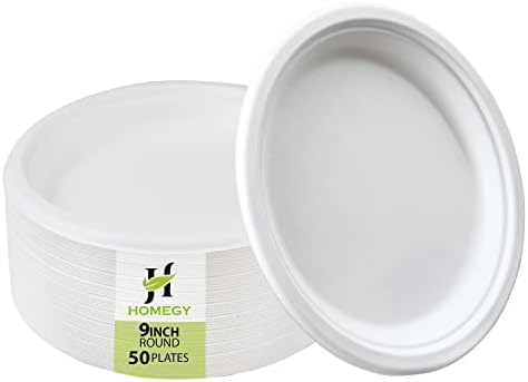Homegy Pack of 50 Super Rigid Disposable Paper Plates - Eco Friendly, Compostable, and Biodegradable Bagasse Plates - 9 inch White Dinner Plates - Party Plates - Best for Picnics, Parties & BBQ's