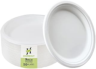 Homegy Pack of 50 Super Rigid Disposable Paper Plates - Eco Friendly, Compostable, and Biodegradable Bagasse Plates - 9 inch White Dinner Plates - Party Plates - Best for Picnics, Parties & BBQ's