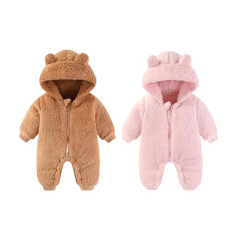Image of AiWMGL Pink and Brown 0-3 Months Newborn Baby Bear Outfit Suit Girls Boys Fleece Jumpsuit Romper Hooded Winter Snowsuit Clothes