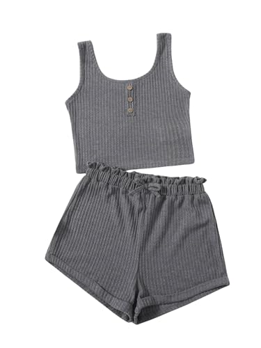 Image of RoseSeek Girl's 2 Piece Outfits Waffle Knit Scoop Neck Button Down Crop Tank Tops Paperbag Waist Track Shorts