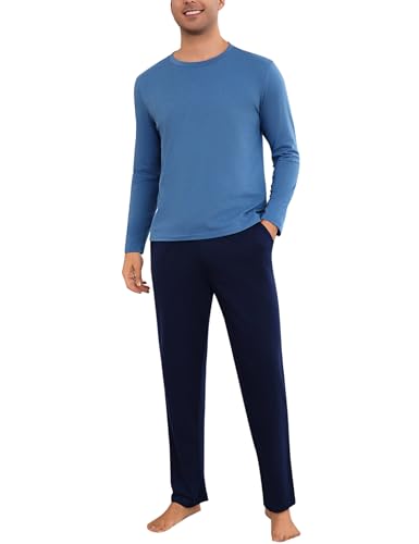 Bresdk Pijama Hombre Tallas Grandes Invierno Algodon Manga Larga Conjunto de Pijama con Cuello Redondo Azul Cobalto 3XL