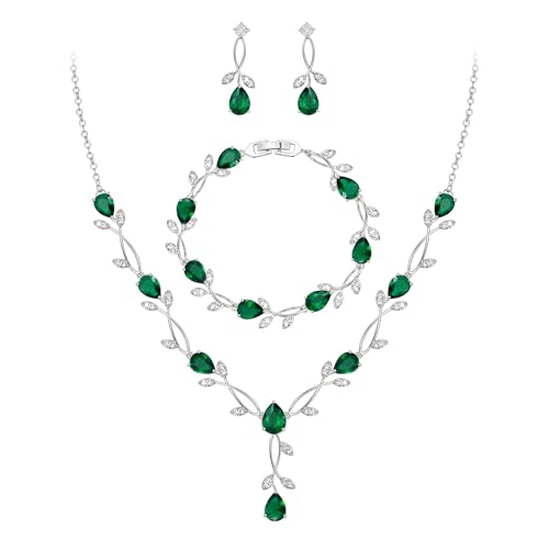 EVER FAITH Green Cubic Zirconia Leaf Wedding Prom Jewelry Set for Women