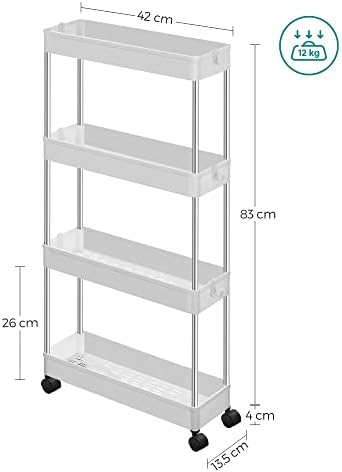 SONGMICS 4-Tier Storage Trolley on Wheels, Plastic Storage Unit, Space-Saving Shelving Organiser for Small Spaces, Bathroom Kitchen, 42 x 13.5 x 87 cm, White KSC08WT