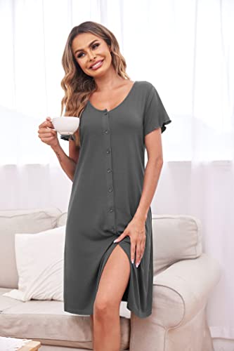 Image of Ekouaer Women's Nightshirt Short Sleeve Button Down Nightgown V-Neck Sleepwear Pajama Dress