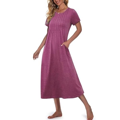 Marvmys Womens Long Cotton Nightgown Short Sleeve Nightshirt O Neck Sleepwear Full Length Sleepshirt with Pockets S-3XL Burgundy Small