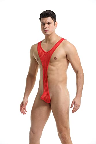 4Ufit Men's One-Piece Bodysuit Ice Silk Striped Mankini Swimsuit Underwear Suspender Thongs Red #TOP3
