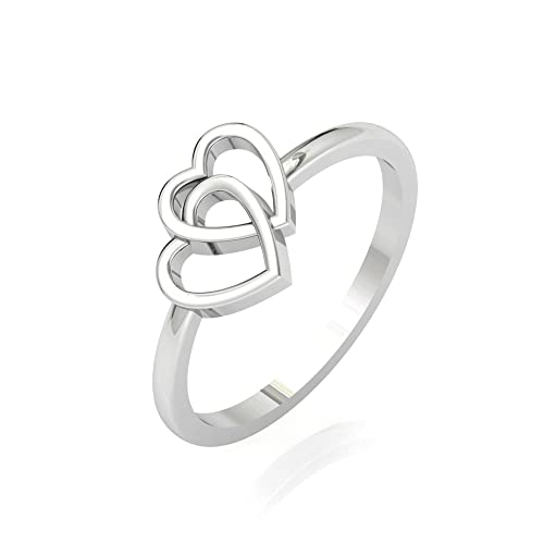 PANOPLY 925 Sterling Silver Double Heart Rings, Handmade Ring for Women, Best Friends, Ring for Daughter from Mom, Valentines Day, Love & Anniversary Gift (Silver, 11)