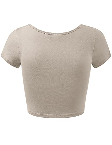 Women's Cotton Basic Scoop Neck Crop Short Sleeve Tops Ashmocha M #TOP2