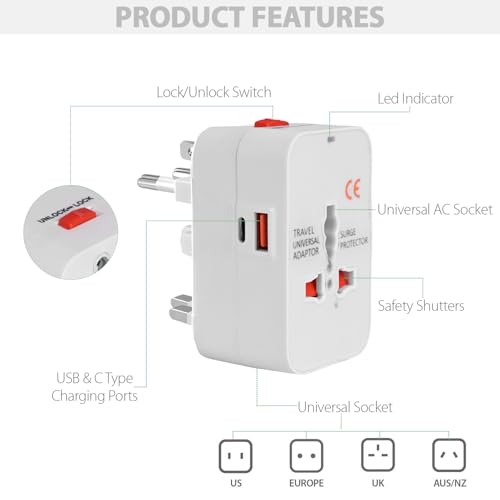 Image of GIGAWATTS Universal Travel Adapter with USB-A & Type-C PD Fast Charging Port All in One Multipurpose Multi Type Worldwide Power Socket AC /DC 2.4A /5V Ports for International Travelling (1Pc, White)